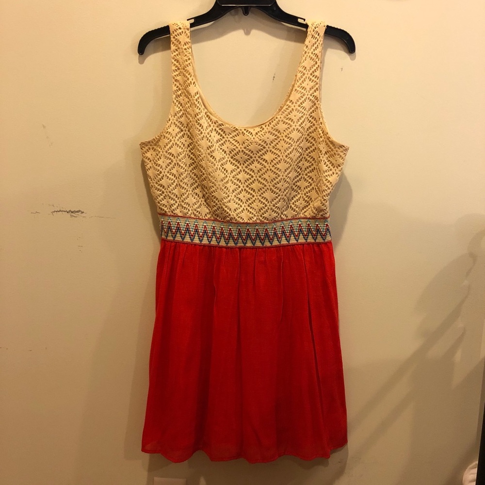 Dress with Lace Bodice and Red Skirt